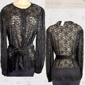 NYC XL Black Floral Sheer Lace Crew Button Velvet Tie Waist Long Sleeve Shirt